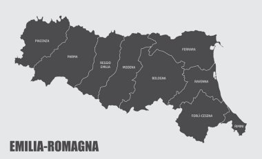 Emilia-Romagna bölgesi haritası İtalya 'nın etiketli bölgelerinde bölündü