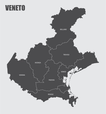 Veneto bölgesi haritası, İtalya 'nın etiketleriyle vilayetlere bölünmüş durumda