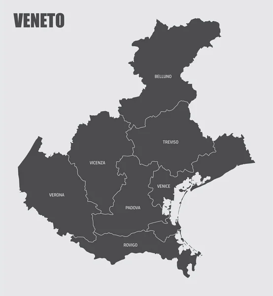 Veneto bölgesi haritası, İtalya 'nın etiketleriyle vilayetlere bölünmüş durumda