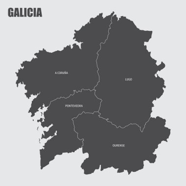 Galiçya bölge haritası, İspanya 'nın etiketleriyle vilayetlere ayrılmıştır.