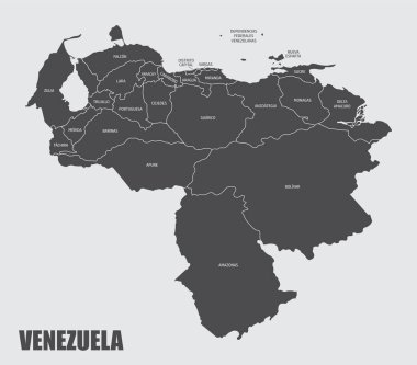 Venezuela haritası etiketli eyaletlere bölünmüş durumda
