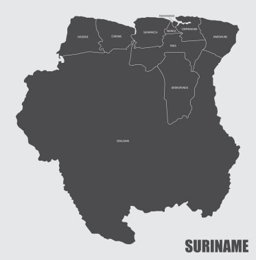 Surinam haritası etiketli bölgelere bölündü