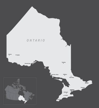 Ontario eyalet haritası ana şehirlerle, Kanada