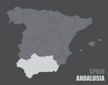 Vurgulanmış Endülüs bölgesinin İspanya haritası
