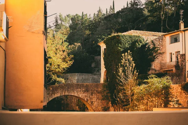 Met Het Oog Een Stenen Brug Een Wit Huis Klimop — Stockfoto