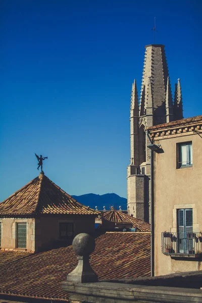 Met Het Oog Klokkentoren Van Basiliek Van Sant Feliu Girona — Stockfoto