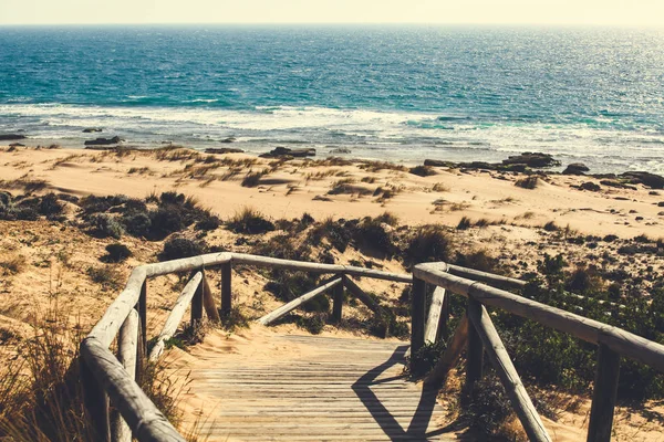 Wooden path over dunes to the beach on Cape Trafalgar, Spain