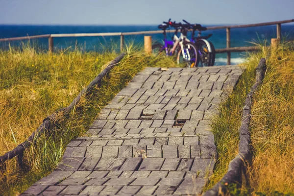 Two Bicycles Parked Wooden Path Beach Curonian Spit Lithuania — Stock Photo, Image