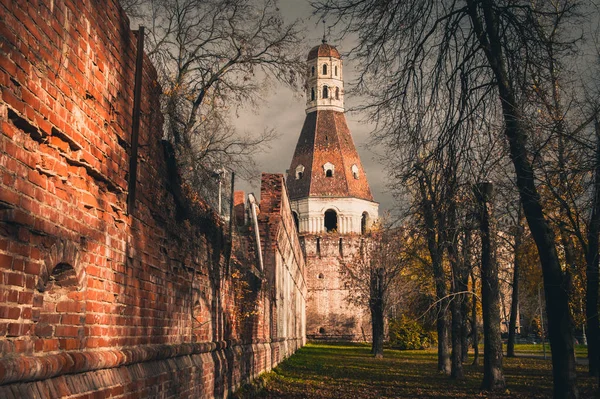 Yarısı harap olmuş tuğla duvar ve Simonov Manastırı 'nın Solevaya Kulesi, Zamoskvorechye Bölgesi, Moskova, Rusya
