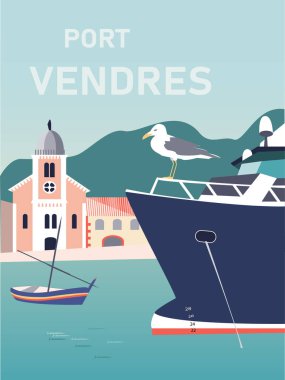 Fransız Katalan balıkçı köyü Port Vendres 'in klasik tarzı seyahat posteri.