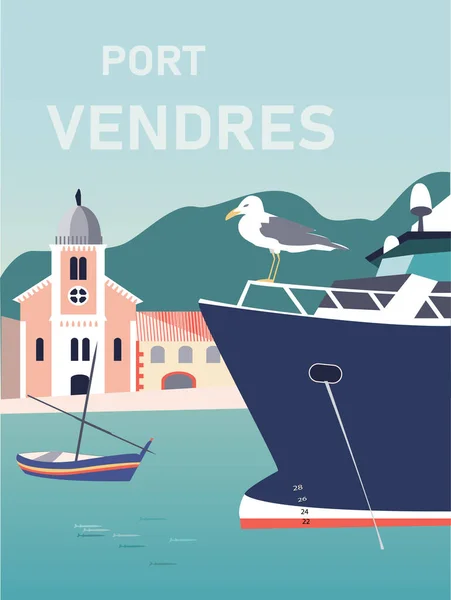 Cartel Viaje Estilo Vintage Para Port Vendres Pueblo Pesquero Catalán — Archivo Imágenes Vectoriales