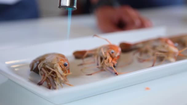 Lahodnou Gril Krevety Desce Grilovaný Mini Plynovým Hořákem Thajské Restauraci — Stock video