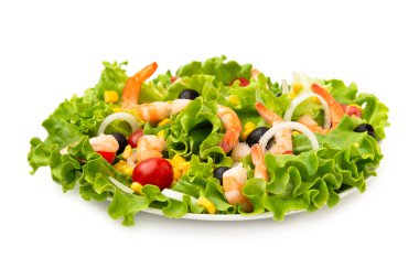 taze salata scampi, Mısır, marul, domates, soğan ve siyah zeytin ile 