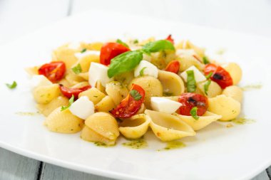 Dish of italian tofe pasta with mozzarella, tomatoes and fresh basil, Mediterranean food  clipart