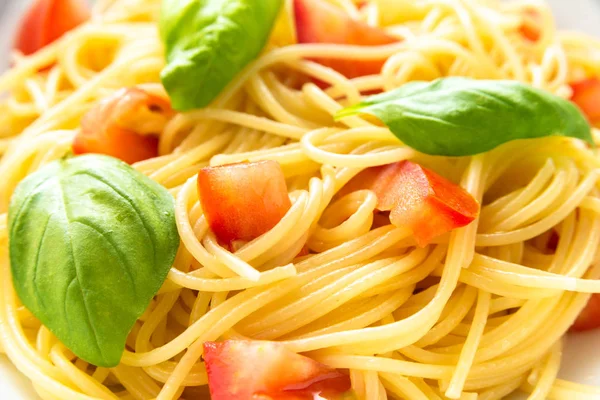 Schotel Van Spaghetti Met Verse Tomaten Basilicum Mediterrane Gerechten — Stockfoto