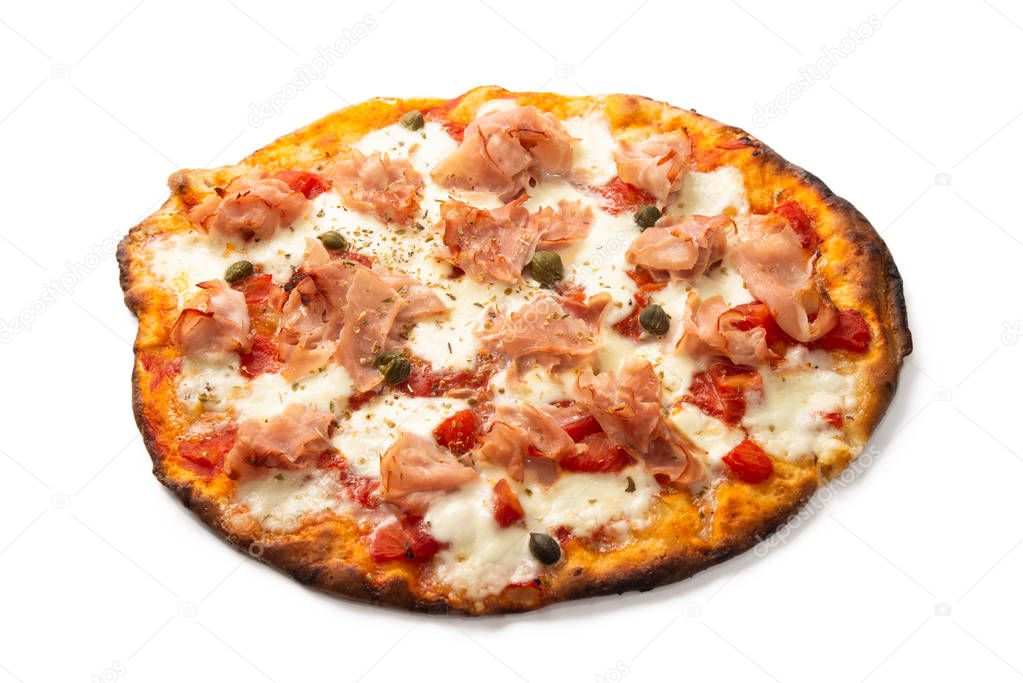 Pizza with prosciutto cotto ham, mozzarella, tomato sauce and capers