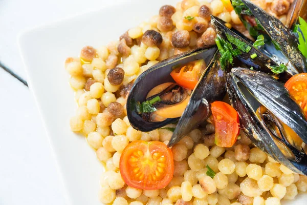 Dish Fregola Typical Sardinian Pasta Mussels Mediterranean Food — Stock Photo, Image
