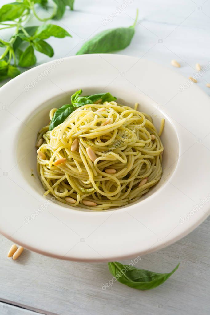 Dish of spaghetti with pesto sauce, Mediterranean food 