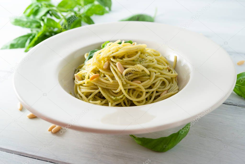 Dish of spaghetti with pesto sauce, Mediterranean food 