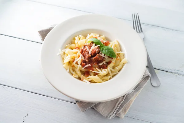 Plato Pasta Italiana Con Deliciosa Salsa Ragú Jabalí Pecorino — Foto de Stock