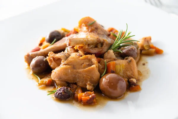 Dish Stewed Rabbit Meat Delicious Olive Carrot Sauce Italian Food — Stock Photo, Image