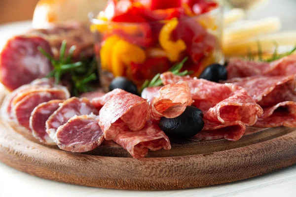 Platter Delicious Sliced Salami Cheese Italian Antipasti — Stock Photo, Image