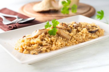 Lezzetli kremalı mantar risotto Çanak