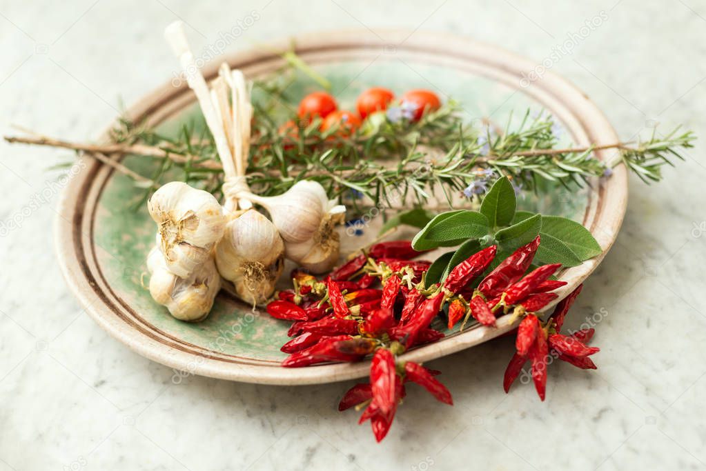 spices and herbs on a wooden background