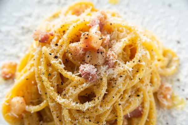 Спагетті Алла Карбонара Типовий Рецепт Італійської Макарони Гвіандейл Яйцями Сиром — стокове фото
