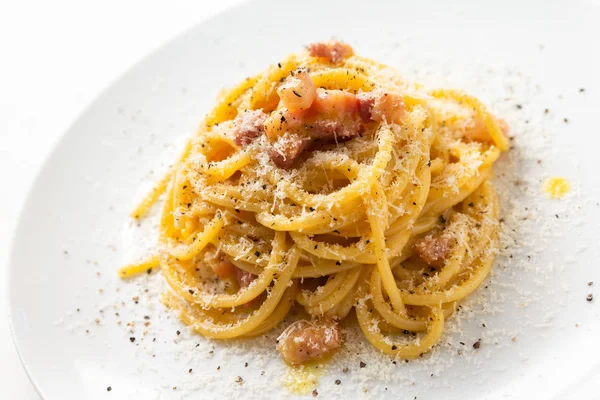 Spaghetti Alla Carbonara Ricetta Tipica Della Pasta Italiana Con Guanciale — Foto Stock
