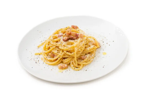 Espaguetis Allá Carbonara Receta Típica Pasta Italiana Con Guanciale Huevos — Foto de Stock