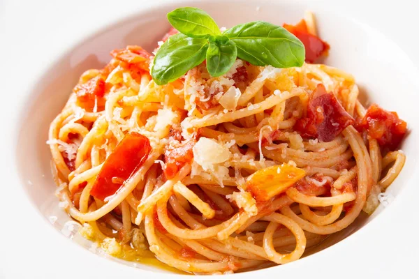 Plato Deliciosos Espaguetis Con Salsa Tomate Queso — Foto de Stock