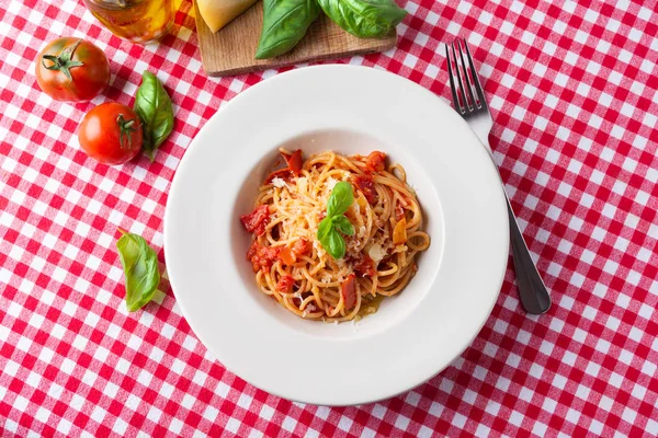 Piatto Spaghetti Delicios Con Salsa Pomodoro Formaggio — Foto Stock