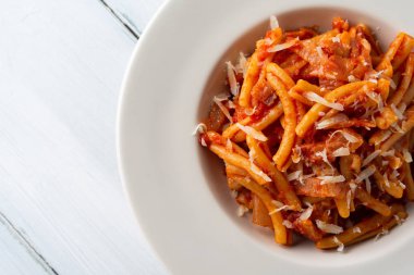 dish of homemade pasta with amatriciana sauce, Italian food