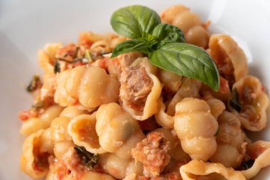 Balık soslu lezzetli gnocchi makarna, İtalyan mutfağı. 