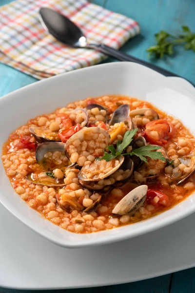 Fregula Typical Sardinian Pasta Clams Tomato Sauce Italian Cuisine — Stock Photo, Image