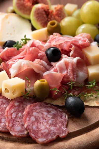 Platter Delicious Italian Cold Cuts Cheese Fresh Fruit — Stock Photo, Image