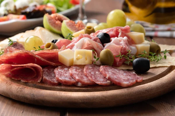 Platter Delicious Italian Cold Cuts Cheese Fresh Fruit — Stock Photo, Image