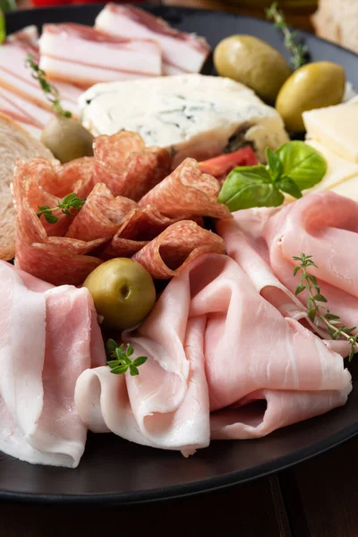 Plate Various Italian Appetizers Prosciutto Salami Guanciale Gorgonzola Grana — Stock Photo, Image