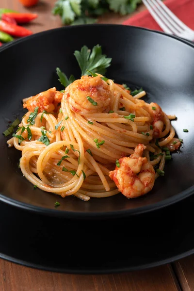 Prato Delicioso Espaguete Com Molho Camarão Picante Cozinha Italiana — Fotografia de Stock