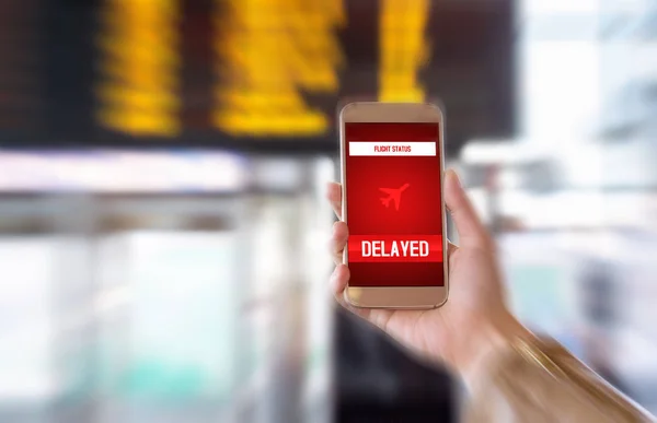 Lot Opóźniony Opóźnienie Latające Harmonogram Samolot Wystartuje Późno Aplikacja Smartfonów — Zdjęcie stockowe