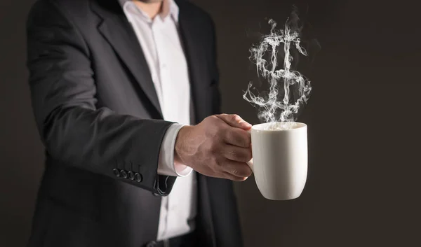 Sinal Dólar Vapor Café Fumaça Formando Símbolo Dinheiro Homem Negócios — Fotografia de Stock