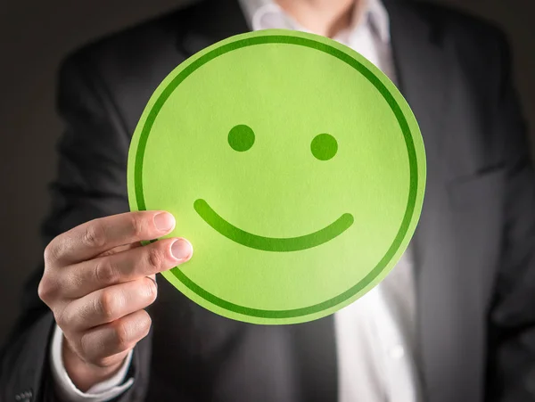 Homem Negócios Com Feliz Papelão Smiley Face Emoticon Satisfação Cliente — Fotografia de Stock
