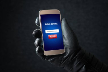 Mobile banking hack and cyber security concept. Hacker and criminal login to persons online bank application and steal money from account with smartphone. Thief with black leather gloves. clipart