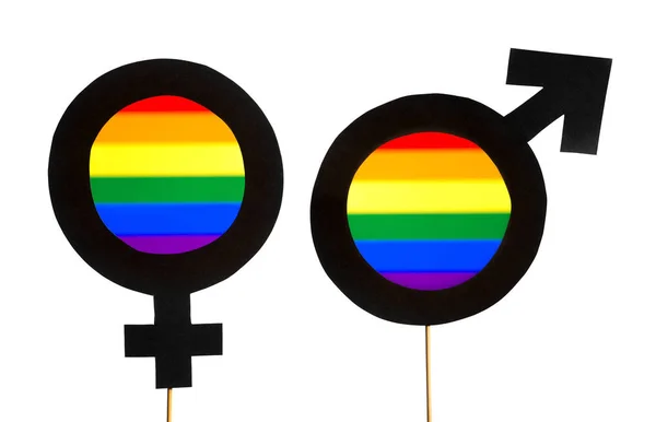 Symbole Płci Lgbt Rainbow Flaga Kolory Mężczyzna Kobieta Obsługuje Równości — Zdjęcie stockowe