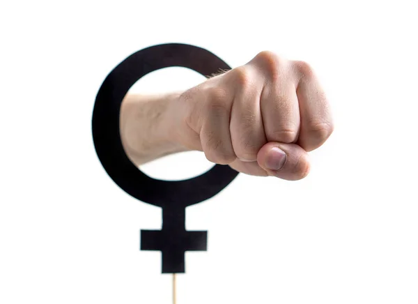 男尊女卑 家庭内暴力や性的平等概念 フェミニズムも 女の子力やジェンダー平等の概念 ボールや木箱のスティックから手と女性のシンボルと記号を拳カット — ストック写真