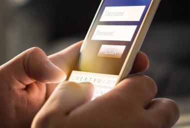 Akıllı telefondan online banka hesabına veya kişisel bilgilere internet üzerinden giriş yap. Sosyal medya uygulaması için kayıt. Hayali bir mobil uygulamanın kullanıcı adı ve parolasını yazıp girerek.