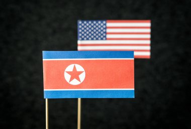 Kağıt ahşap çubuk koyu arka plan üzerinde yapılan bayrak, Kore Demokratik Halk Cumhuriyeti ve Amerika Birleşik Devletleri (ABD).