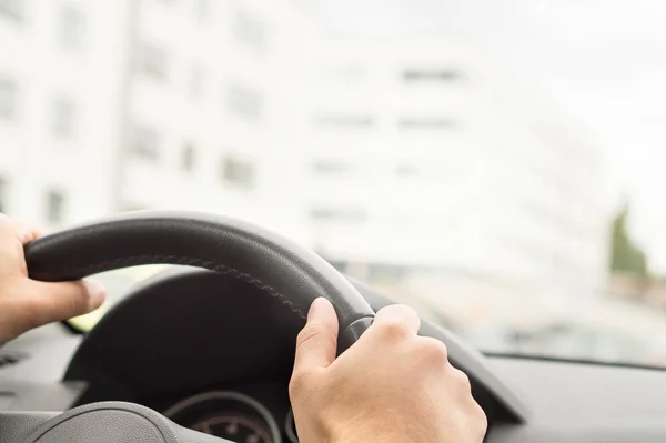 Man Driving Car City Driver Holding Steering Wheel Both Hands — Stock Photo, Image