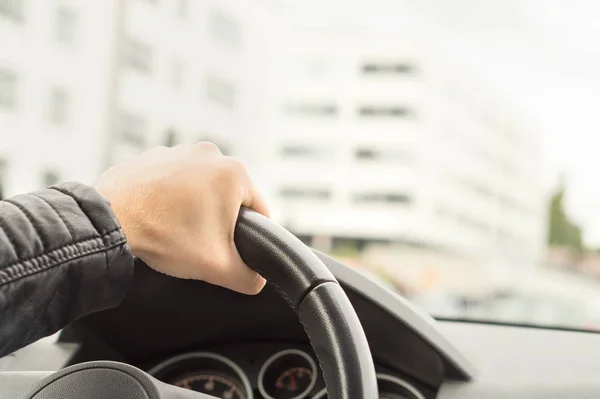 Driver Holding Steering Wheel One Hand Man Driving Car City — Stock Photo, Image
